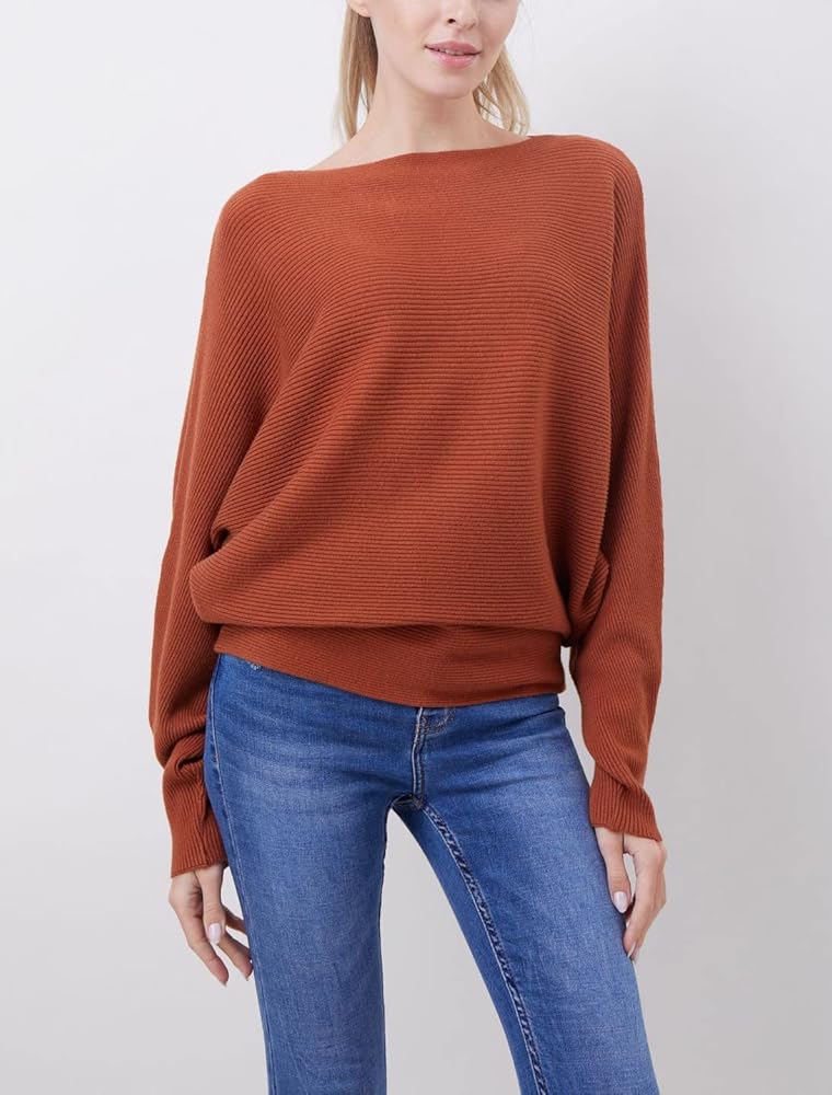 Boat Neck Batwing Sleeves Dolman Knitted Sweaters and